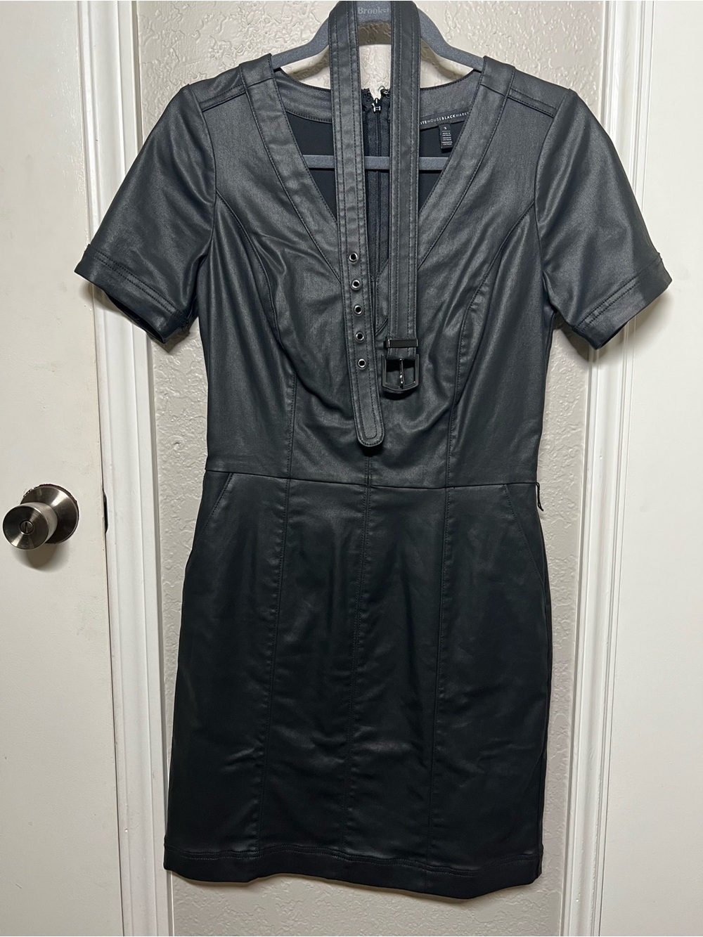 White House Black Market Coated Denim Black V-Neck Belted Dress